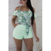 Lovely Chic Flounce Design Print Green One-piece R