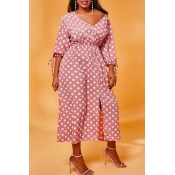Lovely Casual Dot Print Pink Mid Calf Plus Size Dr