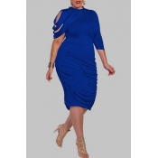 Lovely Trendy Ruffle Design Blue Knee Length Plus 