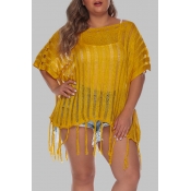 Lovely Plus Size Casual Tassel Yellow Beach Blouse