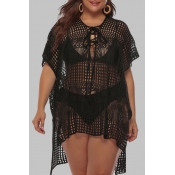 Lovely Plus Size Chic Hollow-out Black Beach Dress
