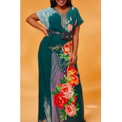 Lovely Casual Print Blackish Green Maxi Plus Size 