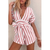 Lovely Chic Deep V Neck Striped Red One-piece Romp