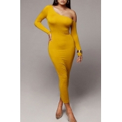 Lovely Chic Dew Shoulder Yellow Ankle Length Dress