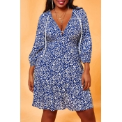 Lovely Chic Print Drawstring Blue Knee Length Plus