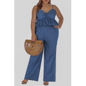 Lovely Casual Flounce Blue Plus Size Two-piece Pan