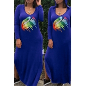 LW Casual Lip Print Blue Ankle Length Dress