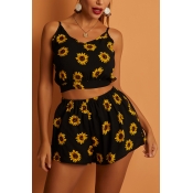 Lovely Floral Print Black Two-piece Shorts Set