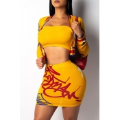 Lovely Trendy Print Yellow Two-piece Skirt Set