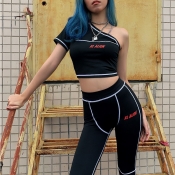 Lovely Casual One Shoulder Black Two-piece Pants S