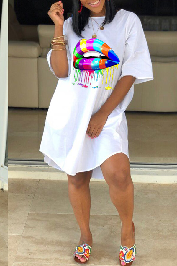 Lovely Casual Lip Print White Knee Length Dress