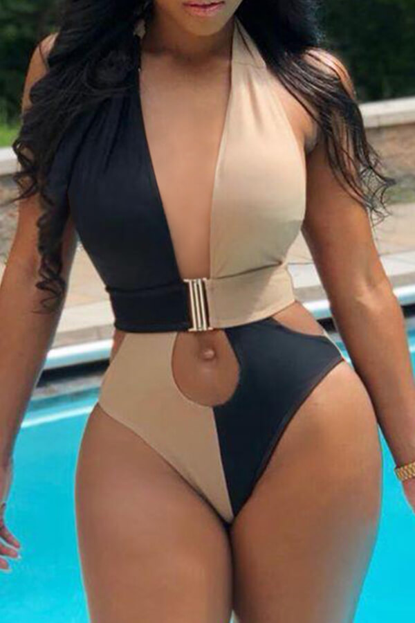 Lovely Patchwork Hollow-out Black One-piece Swimsuit