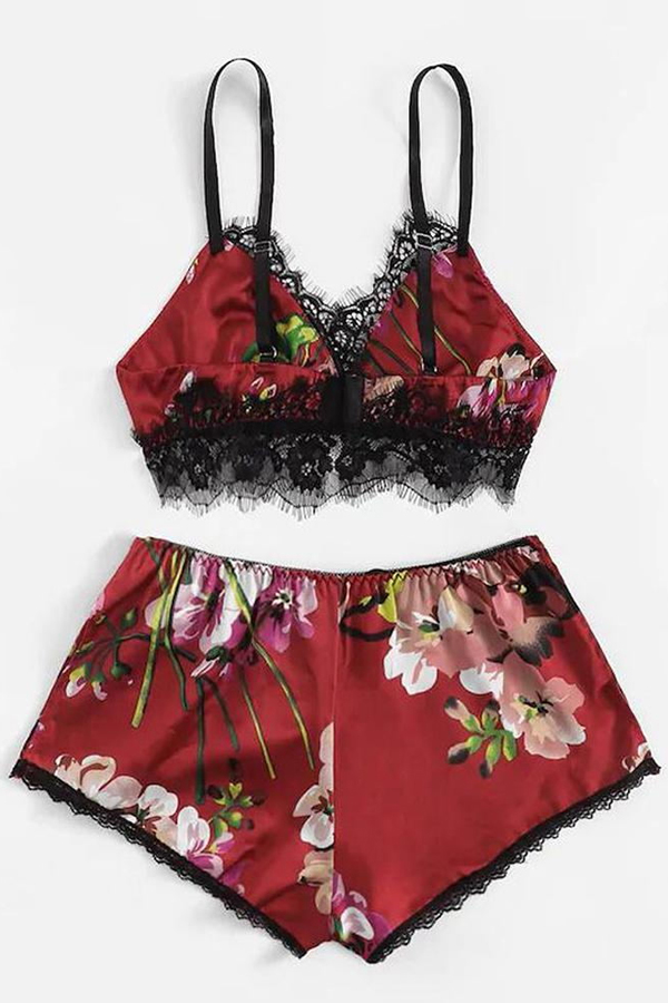Lovely Sexy Print Wine Red Sleepwear