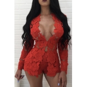 Lovely Sweet Hollow-out Red Two-piece Shorts Set