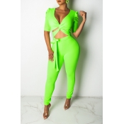 Lovely Chic V Neck Green Two-piece Pants Set