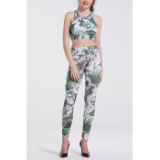 Lovely Trendy Crop Top Print Green Two-piece Pants