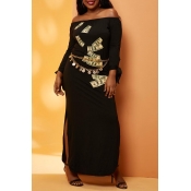 Lovely Chic Print  Black Ankle Length Plus Size Dr