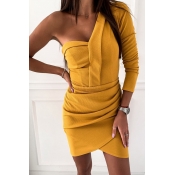 Lovely Chic One Shoulder Yellow Mini Dress