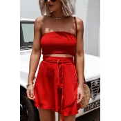 Lovely Casual Dew Shoulder Red Two-piece Skirt Set