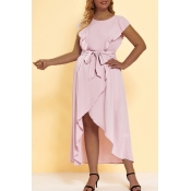 Lovely Chic Asymmetrical Flounce Pink Plus Size  M