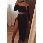 Lovely Casual Knot Design Black Two-piece Skirt Se