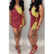 Lovely Casual  Plaid Print Yellow Mini Dress