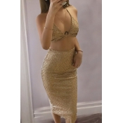 Lovely Sexy Crop Top Gold Two-piece Skirt Set