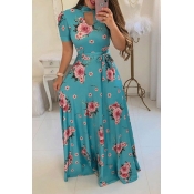 Lovely Casual Floral Print Blue Maxi Dress
