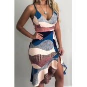 Lovely Sweet V Neck Flounce Multicolor Knee Length