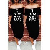 LW Casual  Letter Print Black Mid Calf Dress