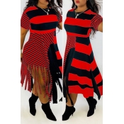 Lovely Casual Tassel Print Red Plus Size Dress