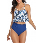 Lovely Floral Print Blue Bathing Suit Two-piece Sw