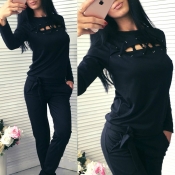 Lovely Casual Hollow-out Black Two-piece Pants Set