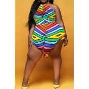 Lovely Sexy Striped Print Plus Size One-piece Romp