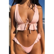 Lovely Flounce Design Pink Bathing Suit Two-piece 