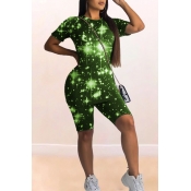 Lovely Casual Starry Sky Print Green Two-piece Sho