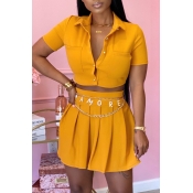 Lovely Casual Buttons Design Yellow Two-piece Skir