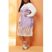 Lovely Casual Patchwork Purple Knee Length Plus Si