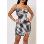 Lovely Sexy Grid Print Black And White Mini Dress