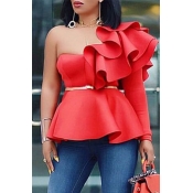 Lovely Sweet One Shoulder Flounce Design Red Blous