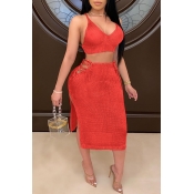 Lovely Sexy Side Slit Red Two-piece Skirt Set