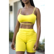 Lovely Casual Hollow-out Light Yellow Two-piece Sh
