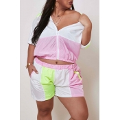 Lovely Casual Patchwork Pink Plus Size Two-piece S
