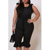 Lovely Plus Size Sweet Flounce Design Black One-pi