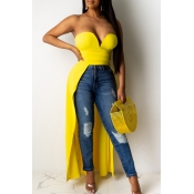 Lovely Stylish Dew Shoulder Asymmetrical Yellow Bl