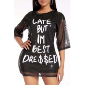 LW Stylish Letter Print Black Mini Dress