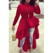 Lovely Trendy Flounce Design Red Plus Size Blouse