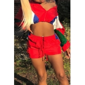 Lovely Casual Patchwork Red Two-piece Shorts Set