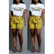 Lovely Casual Print Yellow Two-piece Shorts Set