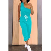 Lovely Casual One Shoulder Lace-up Skyblue Two-pie